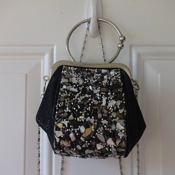 Quartz chips bling, cross body black clutch bag with push clasp closure, lined - Picture 5 of 13